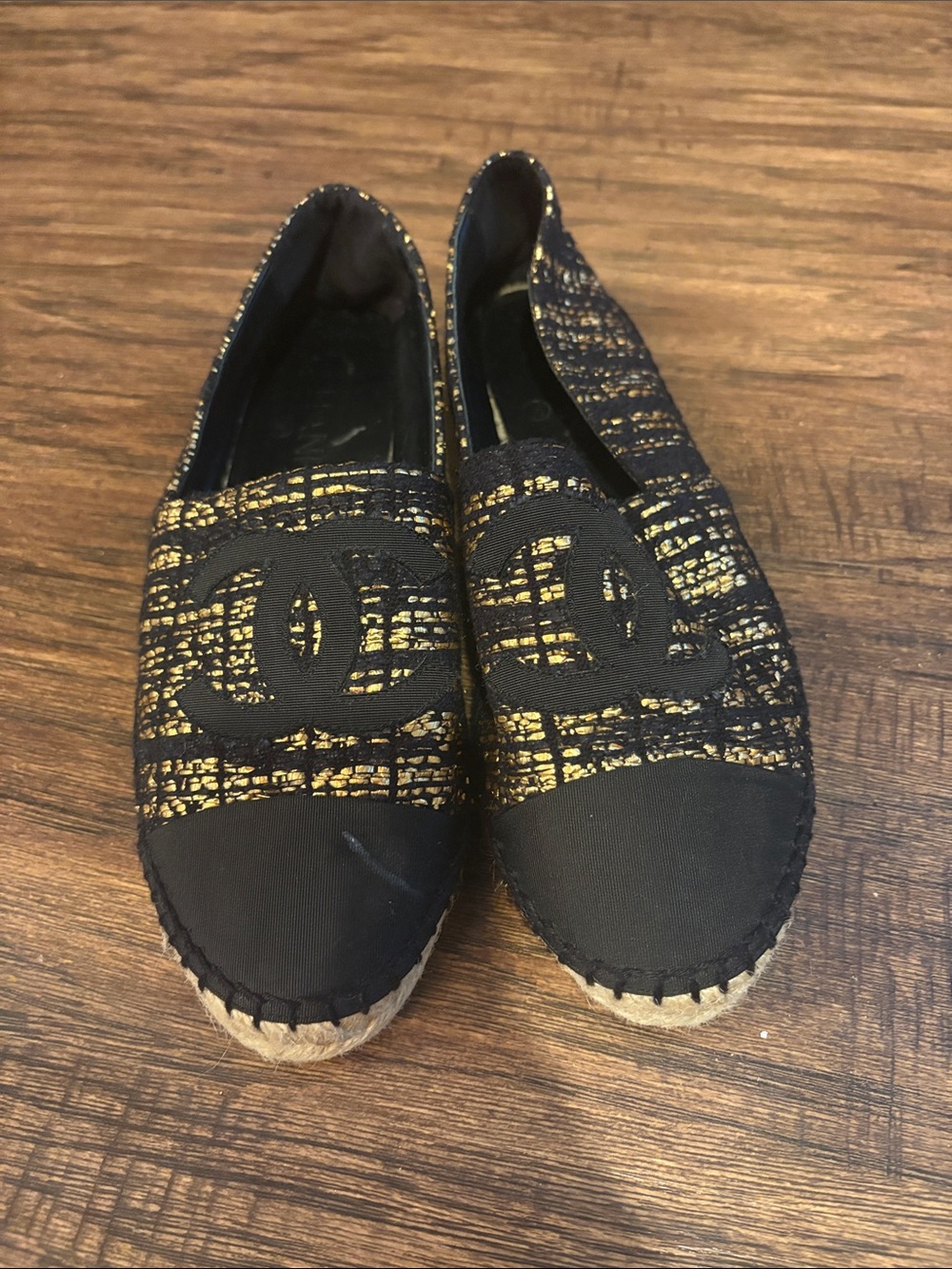 CHANEL Black and Gold Tweed Espadrille Flats